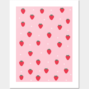 Tiny strawberry, Cute pink pattern, Cottagecore aesthetic, Summer decor, Fruit art print, Food art Posters and Art